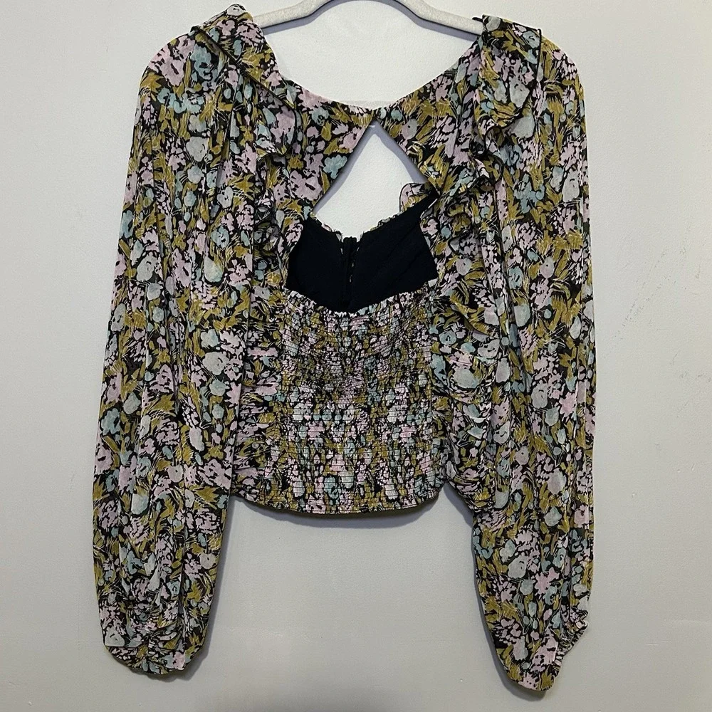 Free People Women's Garden Combo Mabel Printed Smocked Ruffle Blouse Top Size‎ S